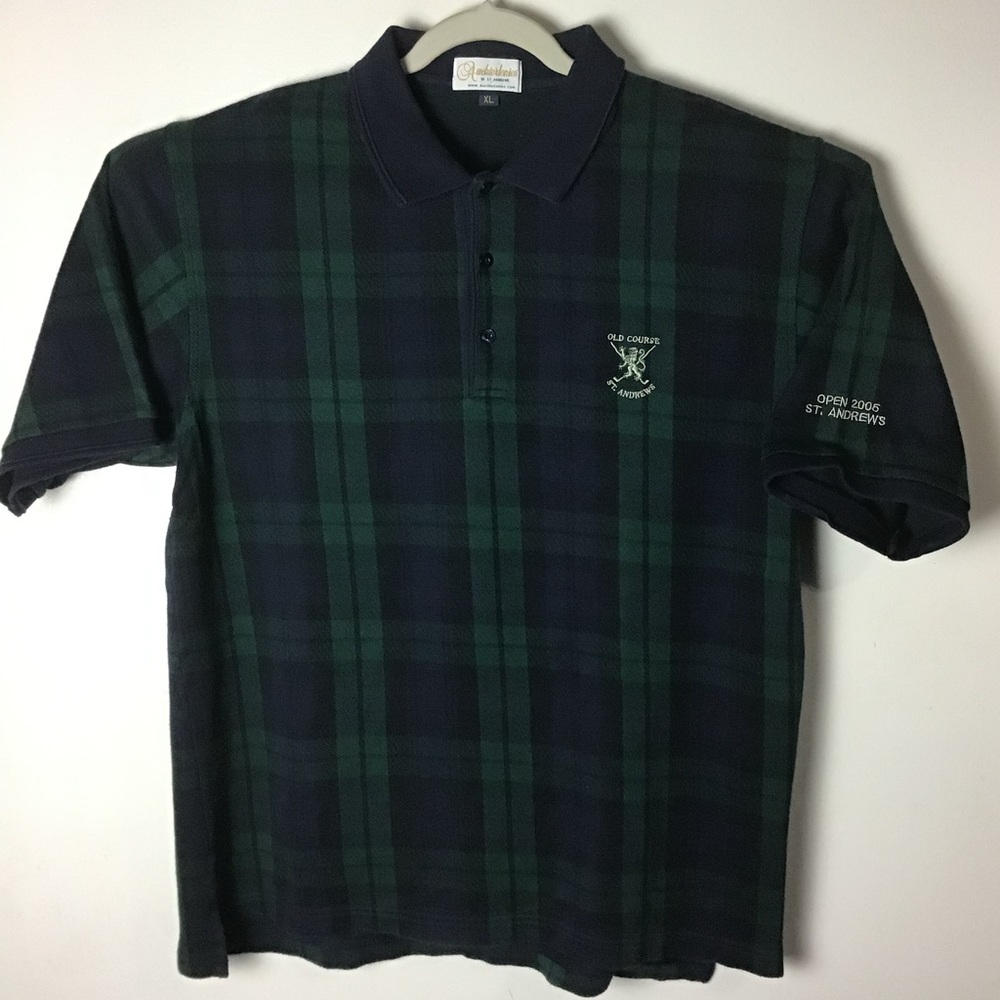 Open 2005 St.Andrews blue green plaid short sleeve polo shirt. XL